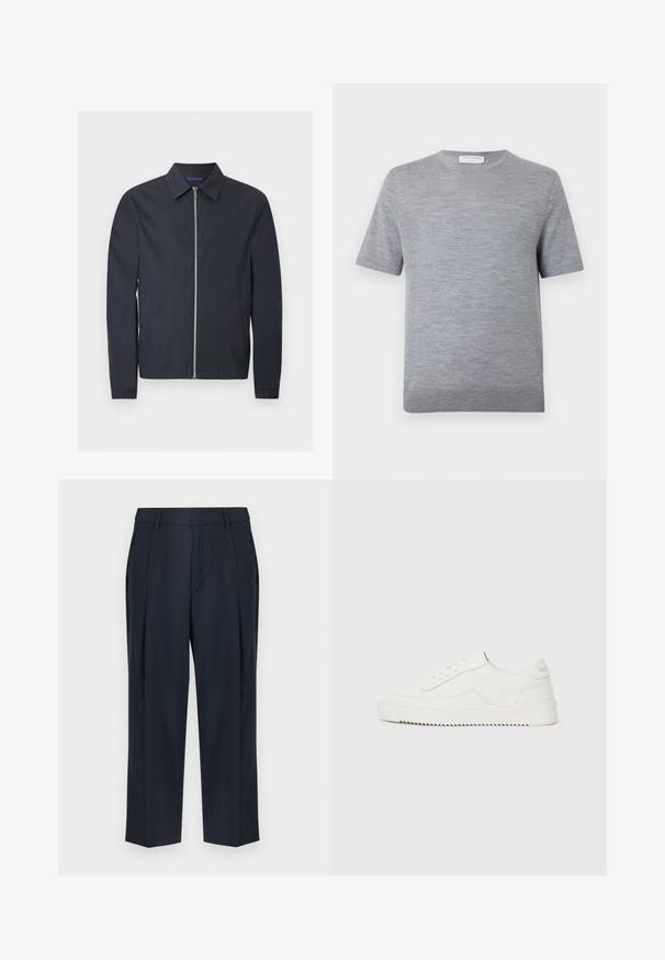 Veste légère bleu marine avec fermeture éclair argentée intégrale à l'avant, col classique, manches longues, poignets élastiques et poches latérales.; Pull tricot à manches courtes gris clair avec col rond et ourlet côtelé subtil, étiquette "Tiger of Sweden 1903" à l'intérieur du col.; Pantalon bleu marine sur mesure avec passants de ceinture, plis avant, poches latérales et coupe droite sur fond blanc.; Baskets basses en cuir blanc avec fermeture à lacets, languette de talon texturée et semelle en caoutchouc blanc légèrement rainurée sur un fond clair uni.