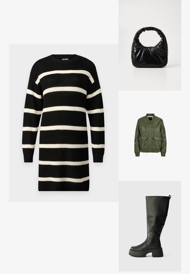 Olivovo zelená bomber bunda vyrobená z lesklého materiálu, so vzorovanými manžetami, dvoma prednými vreckami a zipsovým zapínaním. Viditeľná podšívka.; Čierna pletená šaty s širokými vodorovnými krémovými pruhmi, okrúhlym výstrihom a dlhými rukávmi. Štruktúrovaná látka s rebrovanými manžetami a lemom.; Čierne gumové čižmy po kolená s hrubou podrážkou, hladkým povrchom a pútkom na zadnej strane pre jednoduché obúvanie. Dizajn s okrúhlou špičkou.; Čierna vycpaná kabelka s okrúhlym držadlom, s hladkým, lesklým povrchom a jemnou prešitou textúrou. Žiadne viditeľné kovanie ani akcenty.