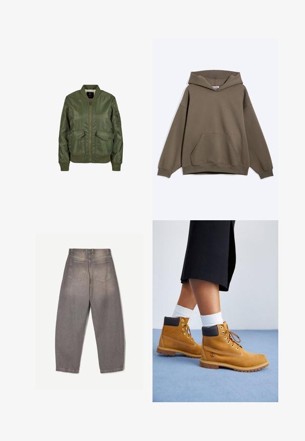 Olijfgroene bomberjack van glanzend materiaal, met ribbelmanchetten, twee voorzakken en een ritsluiting. Gevoerde binnenkant zichtbaar.; Bruine oversized hoodie met kangaroovak aan de voorkant en geribbelde manchetten, getoond op een effen lichte achtergrond.; Grijze denim jeans van achteren gezien met twee achterzakken, riemlussen en een licht taps toelopende pijp.; Tan suède enkellaarsjes met bruine leren accenten, gouden oogjes en een getextureerde zool. Witte sokken zichtbaar boven de laarsjes.