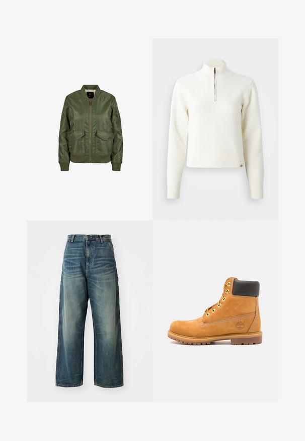 Olivovo zelená bomber bunda vyrobená z lesklého materiálu, so vzorovanými manžetami, dvoma prednými vreckami a zipsovým zapínaním. Viditeľná podšívka.; Biely sveter s dlhými rukávmi a zipsom pri krku. Vyrobený z mäkkej pleteniny, so žebrovanými manžetami a lemom. Prenikajúce logo značky na leme.; Džíny s širokými nohavicami v bledomodrom umytí. Obsahujú zapínanie na gombík, päť vreciek a viditeľné švy. Materiál má hladkú textúru.; Hnedé kožené členkové topánky s čiernym polstrovaním, zlatými očkami a štruktúrovanou podrážkou. Obsahujú kruhové logo na boku a akcenty v podobe šitia.