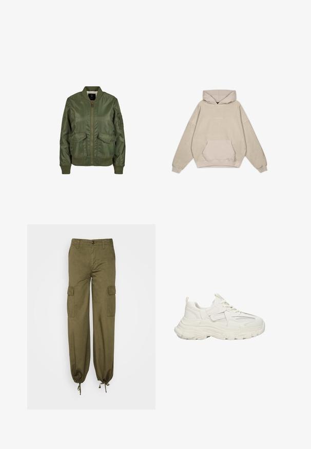 Olivegrüner Bomberjacke aus glänzendem Material, mit gerippten Bündchen, zwei Fronttaschen und einem Reißverschluss. Futter innen sichtbar.; Beige Kapuzenpullover mit lockerer Passform, Kängurutasche, gerippten Ärmeln und glatter Textur. Mit dezentem Logo-Detailing auf der Vorderseite.; Cargo-Hosen in Olivgrün, aus Baumwollstoff gefertigt. Merkmale sind elastische Bündchen, zwei Seitentaschen und zwei Cargotaschen auf den Oberschenkeln.; Klüpfige weiße Sneakers mit Obermaterial aus strukturiertem Gewebe und Netzdetails, dicker Gummisohle, runder Zehenpartie und dekorativen Akzenten an den Seiten.