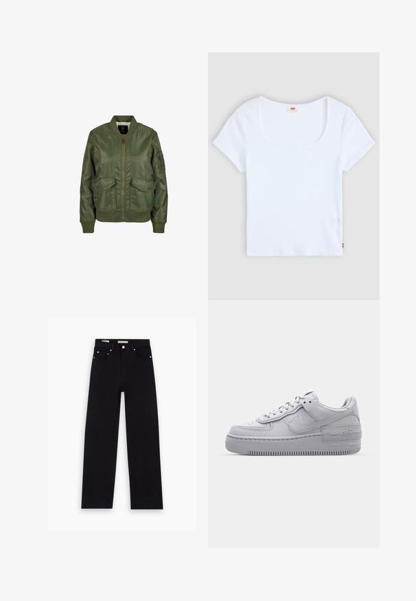 Olivovo zelená bomber bunda vyrobená z lesklého materiálu, so vzorovanými manžetami, dvoma prednými vreckami a zipsovým zapínaním. Viditeľná podšívka.; Biely top s krátkym rukávom a štvorcovým výstrihom, vyrobený z rebrovaného materiálu. Obsahuje malú červenú značku na spodnej ľavej strane.; Čierne denimy s rovnými nohavicami, piatimi vreckami, medenými doplnkami a hladkou textúrou. Dva štítky viditeľné na páse.; Šedé tenisky Nike Air Force 1 s perforovanou špičkou, hladkým koženým zvrškom, hrubou podrážkou a embosovaným detailom 'AIR' na päte.