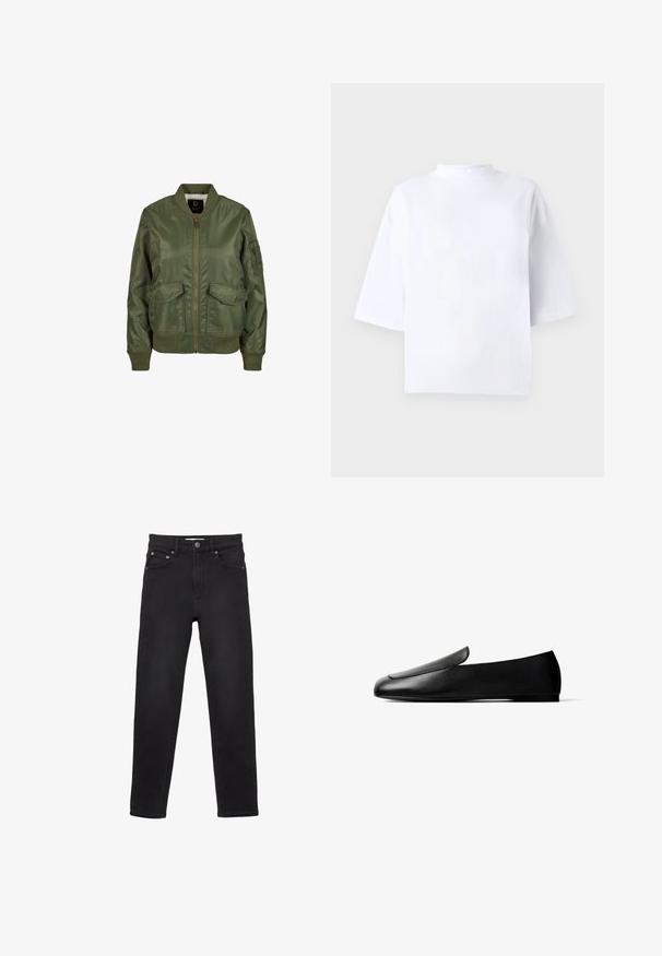 Olivovo zelená bomber bunda vyrobená z lesklého materiálu, so vzorovanými manžetami, dvoma prednými vreckami a zipsovým zapínaním. Viditeľná podšívka.; Biele bavlnené tričko s krátkym rukávom, vysokým okrúhlym výstrihom a voľným strihom. Hladká textúra, bez viditeľných vzorov alebo doplnkov.; Čierne denimové nohavice so strihom rovného nohavice, s predným zapínaním na gombík a zips, piatimi vreckami a jemnými detailmi prešitia.; Čierna kožená balerína na sklzu s okrúhlou špičkou a nízkym opätkom na bielom pozadí.
