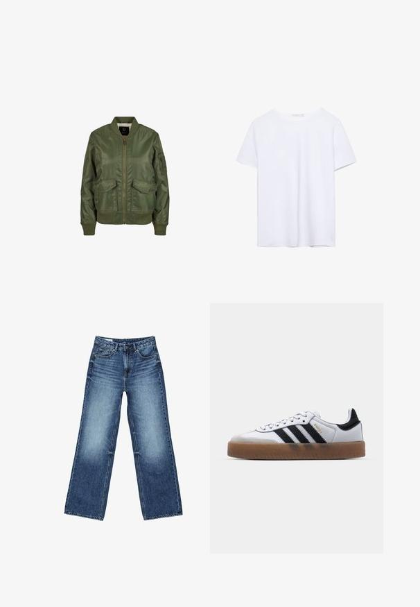 Olivovo zelená bomber bunda vyrobená z lesklého materiálu, so vzorovanými manžetami, dvoma prednými vreckami a zipsovým zapínaním. Viditeľná podšívka.; Hladké biele tričko s krátkym rukávom a okrúhlym výstrihom, s rovnými lemami, vystavené na bielom pozadí.; Modré džínsy s širokými nohavicami, s prednými a mincovými vreckami, zapínaním na gombíky a vyblednutým efektom na stehnách a kolenách.; Biele kožené tenisky s čiernymi pruhmi, gumová podrážka, okrúhla špička, šnurovanie a mäkký sivý semišový špička.