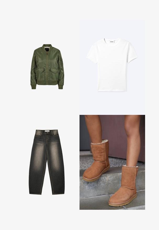 Olivegrüner Bomberjacke aus glänzendem Material, mit gerippten Bündchen, zwei Fronttaschen und einem Reißverschluss. Futter innen sichtbar.; Einfaches weißes T-Shirt mit kurzen Ärmeln und Rundhalsausschnitt sowie kleinem "WEEKDAY"-Etikett im Nacken, flach auf einem hellen Hintergrund präsentiert.; Graue Denim-Jeans mit weitem Bein und leichter Ausbleichung, fünf Taschen, kontrastierenden Nähten und einer lockeren Passform. Keine sichtbaren Muster oder Verzierungen.; Braune Wildleder-Stiefeletten mit runder Spitze, weicher Innenausstattung und Gummisohle, die über sichtbare Nähte entlang der Nähte verfügen.