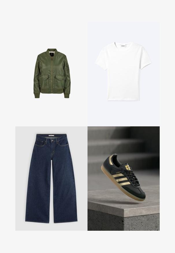 Olivovo zelená bomber bunda vyrobená z lesklého materiálu, so vzorovanými manžetami, dvoma prednými vreckami a zipsovým zapínaním. Viditeľná podšívka.; Jednofarebné biele tričko s krátkym rukávom a okrúhlym výstrihom, s malou štítkou "WEEKDAY" vo vnútri výstrihu, zobrazené na svetlom pozadí, položené na rovnej ploche.; Tmavomodré džínsové nohavice širokého strihu s prednými vreckami, slučkami na opasok a zapínaním na gombíky, zobrazené na svetlom pozadí.; Čierna teniska Adidas Samba so zlatými pruhmi a gumovou podrážkou vznášajúca sa nad betónovým povrchom s rozmazanými schodmi v pozadí.