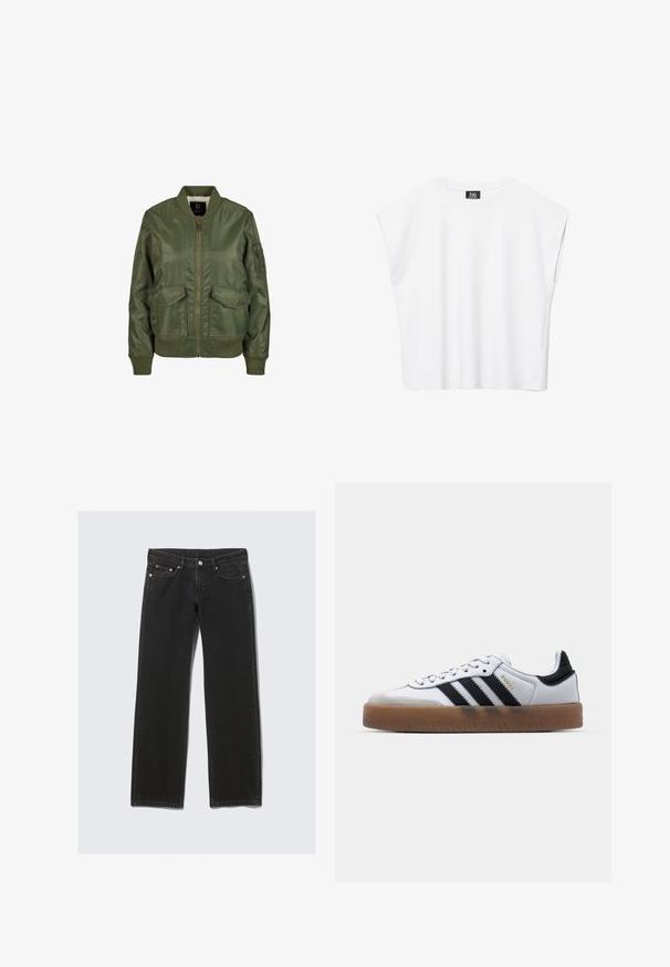 Olivovo zelená bomber bunda vyrobená z lesklého materiálu, so vzorovanými manžetami, dvoma prednými vreckami a zipsovým zapínaním. Viditeľná podšívka.; Biely bezrukávový crop top s okrúhlym výstrihom, širokými ramenami a čiernou nášivkou "B6" vo vnútri goliera.; Čierne džínsy s rovnými nohavicami, piatimi vreckami, zapínaním na gombíky a pútkami na opasok, zobrazené na svetlom pozadí.; Biele kožené tenisky s čiernymi pruhmi, gumová podrážka, okrúhla špička, šnurovanie a mäkký sivý semišový špička.