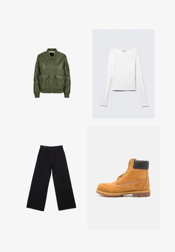 Olivegrüner Bomberjacke aus glänzendem Material, mit gerippten Bündchen, zwei Fronttaschen und einem Reißverschluss. Futter innen sichtbar.; Weißes Langarmoberteil mit einem Überlappungsdesign und einer Tasche. Hergestellt aus einem glatten, elastischen Material. In einem lässigen, entspannten Schnitt.; Schwarze Jeans mit weitem Bein aus Denim, mit hohem Bund, Fünf-Taschen-Design und dezenten Nahtdetails.; Braune Leder-Stiefelette mit schwarzer Polsterung, goldenen Ösen und einer strukturierten Sohle. Hat ein kreisförmiges Logo an der Seite und Nähakzente.