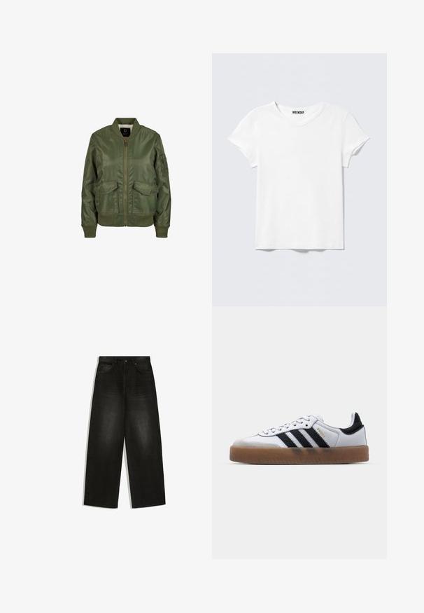 Veste bomber vert olive en matériau brillant, avec des poignets côtelés, deux poches avant et une fermeture éclair. Doublure intérieure visible.; T-shirt blanc uni à manches courtes avec col en V et une petite étiquette "WEEKDAY" à l'intérieur du col, présenté sur un fond gris clair.; Jean noir taille haute à jambes larges avec poches avant, passants de ceinture et fermeture par bouton, présenté à plat sur fond blanc.; Baskets en cuir blanc avec des rayures noires, semelle extérieure en caoutchouc beige, bout rond, fermeture lacée et embout en suède gris doux.