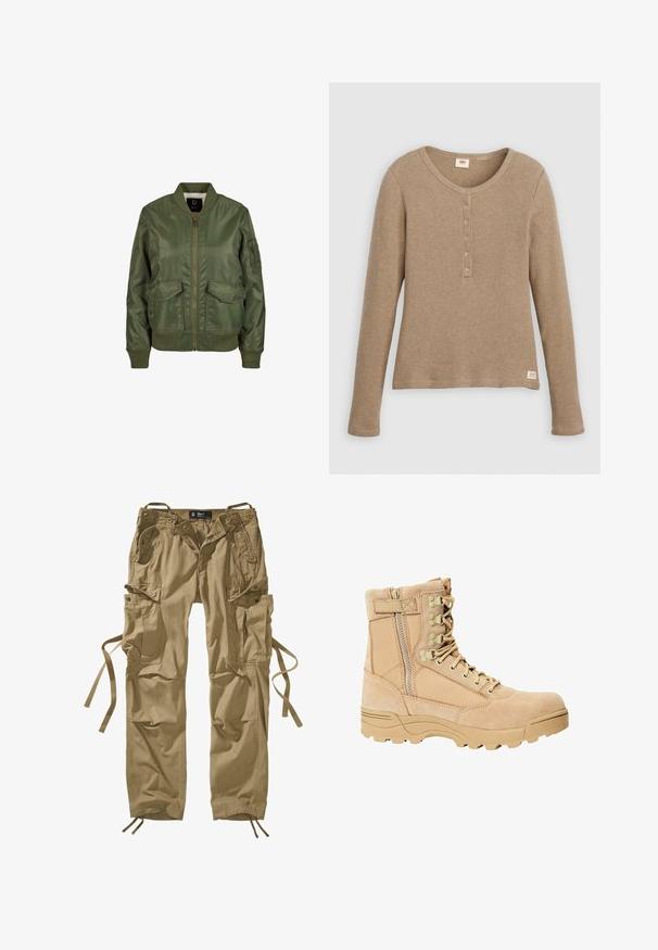 Olivegrüner Bomberjacke aus glänzendem Material, mit gerippten Bündchen, zwei Fronttaschen und einem Reißverschluss. Futter innen sichtbar.; Langärmliges beiges Waffelstrick-Henley-Shirt mit rundem Ausschnitt und fünf Knöpfen, flach liegend vor weißem Hintergrund dargestellt.; Khakifarbene Cargo-Hose aus Baumwolle mit mehreren Seitentaschen, Kordelzügen an den Knöcheln und Knopfakzenten. Klare Linien und strapazierfähiger Stoff.; Tan taktischer Stiefel mit einem Obermaterial aus Wildleder und Stoff, Schnürung und Reißverschluss, strukturierten Sohlen und verstärkter Zehenkappe für Langlebigkeit.