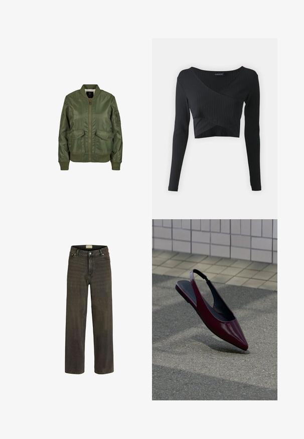 Veste bomber vert olive en matériau brillant, avec des poignets côtelés, deux poches avant et une fermeture éclair. Doublure intérieure visible.; Even&Odd T-shirt à manches longues - black; Jeans à jambes larges en denim vert olive foncé, avec un design classique à cinq poches, une fermeture à bouton et un léger délavage pour plus de texture.; Chaussure plate slingback en cuir verni marron avec bout pointu flottant au-dessus d'un trottoir texturé près d'un mur carrelé.