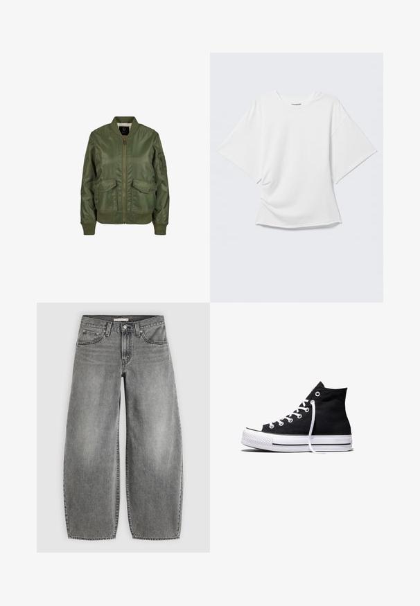 Veste bomber vert olive en matériau brillant, avec des poignets côtelés, deux poches avant et une fermeture éclair. Doublure intérieure visible.; T-shirt blanc oversize à manches courtes avec col rond présenté sur un fond gris clair.; Jean en denim gris à jambes larges avec bouton et fermeture éclair devant, passants de ceinture et design cinq poches sur un fond uni.; Baskets montantes en toile noire avec semelle en caoutchouc blanche et lacets blancs, vues de côté sur un fond blanc.