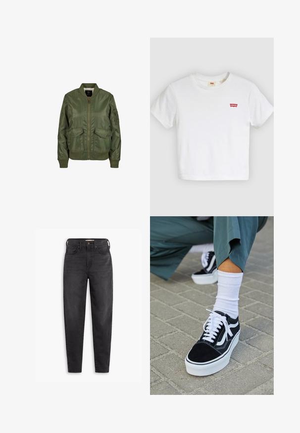 Olivovo zelená bomber bunda vyrobená z lesklého materiálu, so vzorovanými manžetami, dvoma prednými vreckami a zipsovým zapínaním. Viditeľná podšívka.; Biele tričko s krátkymi rukávmi a okrúhlym výstrihom s malým červeným logom Levi's na ľavej strane hrude.; Čierne slim fit jeans s vysokým pásom, s prednými a zadnými vreckami, zapínaním na gombík a pútkami na opasok, zobrazené na bielom pozadí.; Čierne semišové tenisky s bielymi akcentmi a šnúrkami, s hrubou bielou podrážkou a kontrastným prešívaním, doplnené o bielu ponožku.
