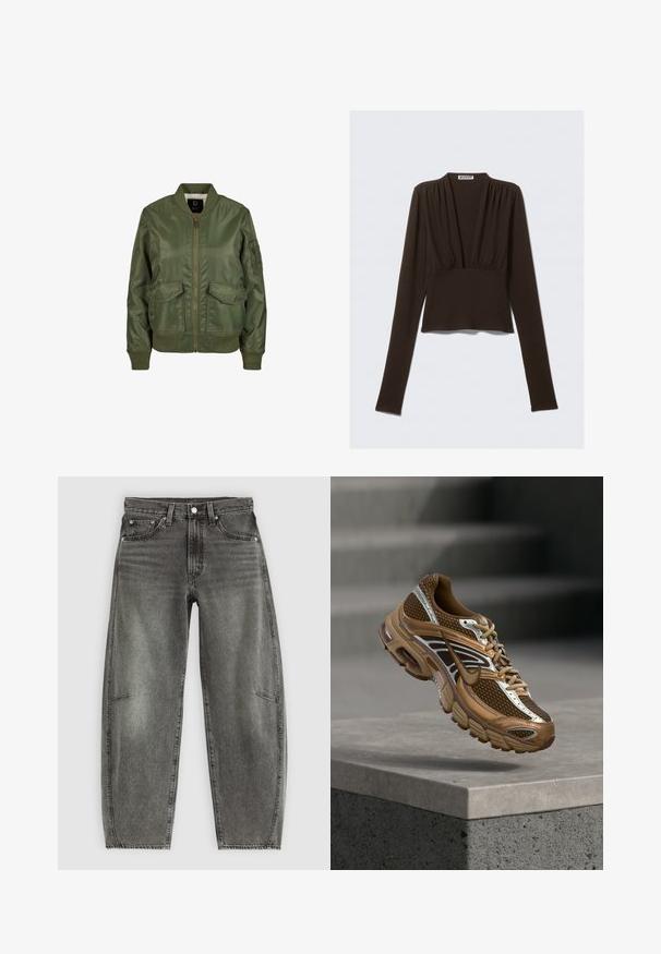 Olivovo zelená bomber bunda vyrobená z lesklého materiálu, so vzorovanými manžetami, dvoma prednými vreckami a zipsovým zapínaním. Viditeľná podšívka.; Hnedý top s dlhým rukávom a výstrihom do V, s nariasením na ramenách a priliehavým pásom. Vyrobený z elastickej látky pre pohodlie.; Šedé vysoké džínsy s umelým opotrebovaním, s piatimi vreckami, zapínaním na gombík a voľným rovnomerným strihom.; Hnedá a béžová teniska Nike so sieťovinou a reflexnými detailmi vznášajúca sa nad betónovou hranou na rozmazanom sivom pozadí.