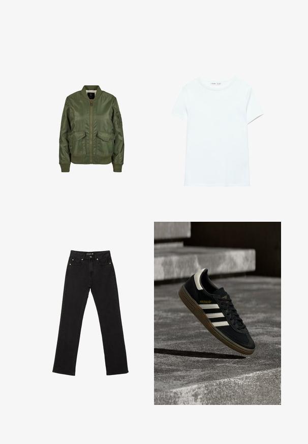 Olivegrüner Bomberjacke aus glänzendem Material, mit gerippten Bündchen, zwei Fronttaschen und einem Reißverschluss. Futter innen sichtbar.; Schlichtes weißes Baumwoll-T-Shirt mit kurzen Ärmeln und Rundhalsausschnitt, flach auf weißem Hintergrund dargestellt, ohne sichtbare Muster oder Logos.; Schwarze Jeans aus Denim im geraden Schnitt, mit fünf Taschen und dezenten Kupferriegel-Akzenten. Hergestellt aus robustem Baumwollstoff.; Schwarzer Adidas-Sneaker mit weißen Streifen und Gummisohle schwebt über grauen Betonstufen im natürlichen Licht.
