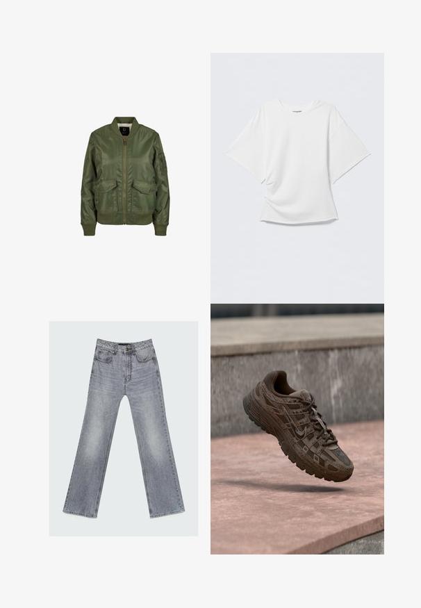 Olivovo zelená bomber bunda vyrobená z lesklého materiálu, so vzorovanými manžetami, dvoma prednými vreckami a zipsovým zapínaním. Viditeľná podšívka.; Biely voľný tričko s krátkym rukávom a okrúhlym výstrihom, mierne pokrčený vpredu, zobrazené na jednoduchom svetlosivom pozadí.; Šedé nohavice z džínsoviny s rovnými nohavicami, predným zapínaním na gombík, zipsom a dizajnom s piatimi vreckami, položené na svetlom podklade.; Hnedá bežecká obuv Nike s textúrovanými vzormi a šnúrkami vznášajúca sa nad betónovým povrchom s kamennými schodmi v pozadí.
