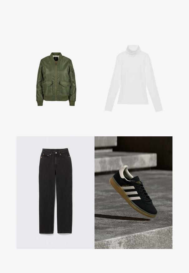 Olivovo zelená bomber bunda vyrobená z lesklého materiálu, so vzorovanými manžetami, dvoma prednými vreckami a zipsovým zapínaním. Viditeľná podšívka.; Biely dlhý rukáv v štýle roláka vyrobený z hladkej, elastickej tkaniny. Má vysoký golier a priliehavý strih, bez viditeľných vzorov alebo ozdôb.; Čierne džínsy z denimu so strihom rovného strihu, ozdobené kovovým príslušenstvom v medenej farbe, klasickým dizajnom s piatimi vreckami a hladkou textúrou.; Čierna semišová teniska s bielymi pruhmi a zlatým logom, vybavená textúrovanou podrážkou z gumy farby žuvačky a kontrastným krémovým jazykom na päte.
