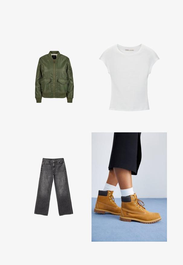 Olivegrüner Bomberjacke aus glänzendem Material, mit gerippten Bündchen, zwei Fronttaschen und einem Reißverschluss. Futter innen sichtbar.; Weißes Baumwoll-T-Shirt mit kurzen, aufgerollten Ärmeln, rundem Ausschnitt und geradem Saum. Glatte Textur ohne sichtbare Muster oder Akzente.; Dunkelgraue weite Jeans aus Denim mit Vorder- und Hintertaschen, Knopfverschluss und dezentem, ausgewaschenem Detail.; Sandfarbene Wildlederschuhe mit braunen Lederakzenten, goldenen Ösen und einer strukturierten Sohle. Weiße Socken, die über den Stiefeln sichtbar sind.