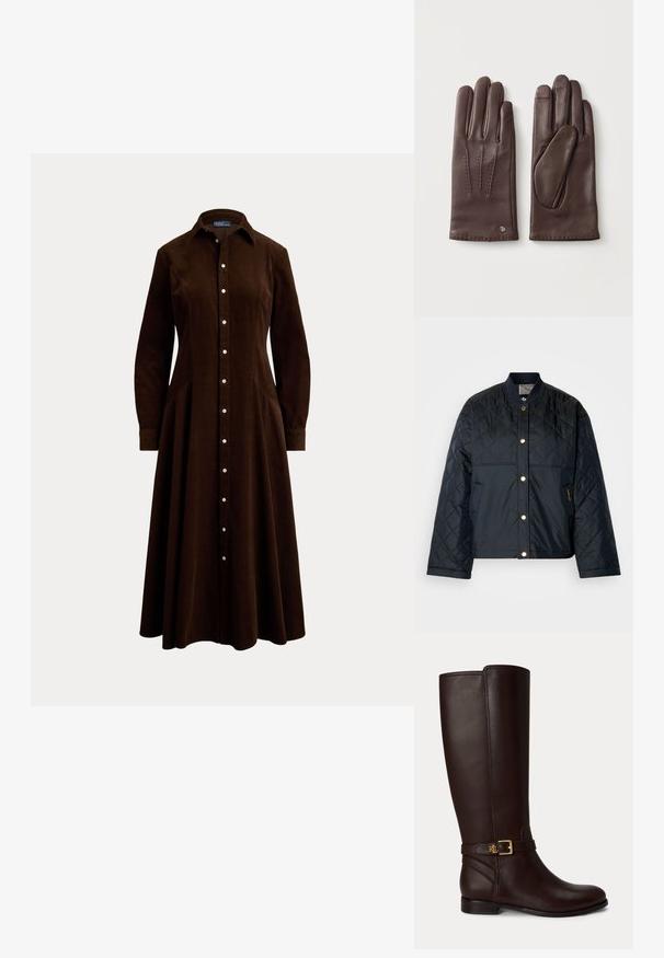 Καπιτονέ ναυτική μπουφάν με ψηλό γιακά, κουμπιά τύπου σκρατς και πλαϊνές τσέπες. Διαθέτει λεία υφή και αντίθετα χρυσά διακοσμητικά στοιχεία.; Μακρυμάνικο midi φόρεμα σε σκούρο καφέ με κουμπιά, γιακά και εφαρμοστή μέση, παρουσιασμένο σε απλό ανοιχτό φόντο.; Σκούρο καφέ δερμάτινη μπότες μέχρι το γόνατο με μικρή χρυσή αγκράφα και λογότυπο "RL" στο λουράκι γύρω από τον αστράγαλο.; Ζευγάρι σκούρα καφέ δερμάτινα γάντια, το ένα δείχνει την πίσω πλευρά με διακοσμητική ραφή και λογότυπο, το άλλο δείχνει την παλάμη.