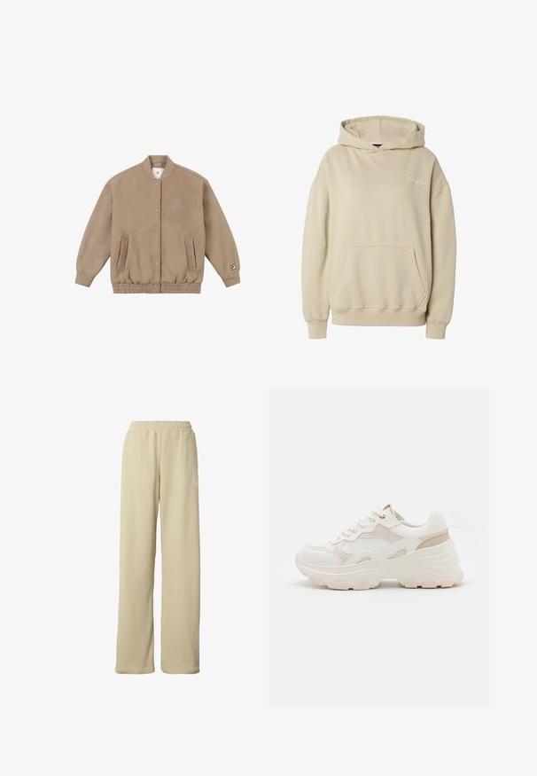 Lichtbruine bomberjack van zacht fleece materiaal, met een geribbelde zoom, twee zijzakken en een logo op de linkermouw.; Beige pullover hoodie met een voorzak in kangoerustijl, geribbelde manchetten en zoom, en subtiele geborduurde tekst op de linkerborst.; Beige geribbelde wijde broek met elastische tailleband en subtiel klein wit logo op de bovenkant van de dij.; Witte en lichtroze sneaker met een chunky zool, gestructureerde stof, gladde leren accenten en decoratieve stiksels.