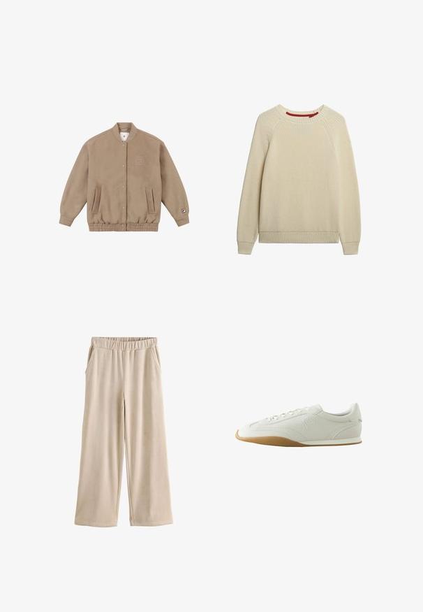 Lysebrun bomberjakke i blødt fleece-materiale med ribbet kant, to sidelommer og et logo-patch på venstre ærme.; Beige strikket langærmet crew neck sweater med ribbede manchetter og bund, lagt fladt på hvid baggrund.; Beige bredbenede fløjlsbukser med elastik i taljen og sidelommer, vist fladt på hvid baggrund.; Hvid lav sneaker med brun gummisål, syningsdetaljer, snørelukning foran og broderet logo på siden.