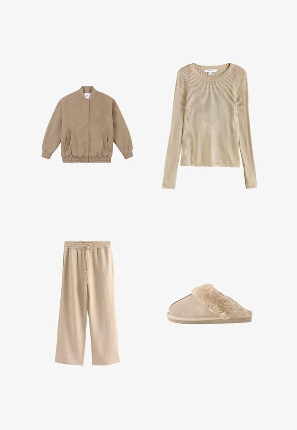 Lysebrun bomberjakke i blødt fleece-materiale med ribbet kant, to sidelommer og et logo-patch på venstre ærme.; Beige ribstrikket langærmet sweater med rund halsudskæring og slim fit, vist fladt med synligt mærke ved kraven.; Beige vide benbukser lavet af blødt stof, med en elastisk talje og snor, og en diskret prikket tekstur hele vejen igennem.; Beige slip-on tøfler med blødt ruskind yderside og blødt, fluffy inderfor og manchet, designet til komfort indendørs.