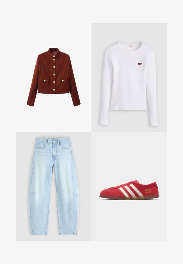Veste courte bordeaux avec un col montant, dotée de grands boutons sur le devant et de deux poches à rabat. Texture douce avec une finition lisse.; Chemise Levi's blanche à manches longues avec col rond et petit logo rouge Levi's sur la poitrine gauche, présentée sur un fond uni.; Jean en denim bleu clair avec une coupe décontractée, doté d'une taille haute, d'un design à cinq poches et d'une légère décoloration avec des détails d'ourlet effilochés.; Baskets en daim rouge avec un design à trois rayures blanches, semelle plate et détail logo doré. Design bas avec bout arrondi et fermeture à lacets.