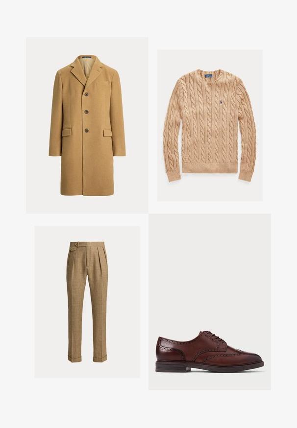 Eénrijige camelbruine wollen jas met drie knopen, inkeping revers, borstzakje en twee voorzakken met klep.; Beige kabelgebreide trui met ronde hals, lange mouwen en klein blauw Polo Ralph Lauren-logo op de linkerborst.; Bruine geruite broek met hoge taille, plooien, zijzakken, knoopsluiting aan de zijkant, omgeslagen zoom en rechte, op maat gemaakte pijpen.; Bruine leren brogue schoenen met veters, voorzien van een wingtip ontwerp, geperforeerde details en een donkere zool, weergegeven in zijprofiel op een witte achtergrond.
