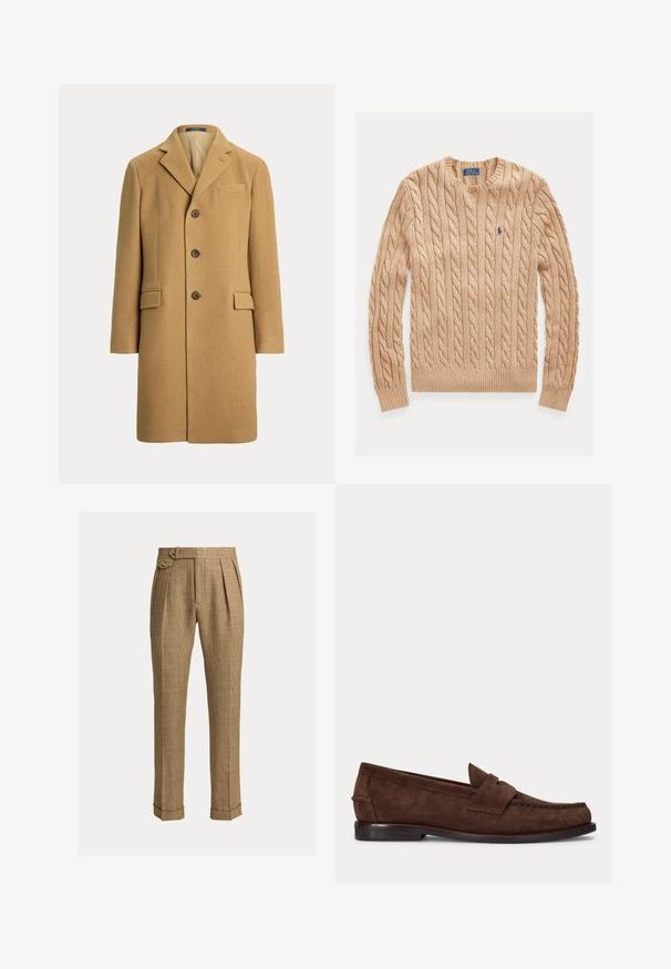Eénrijige camelbruine wollen jas met drie knopen, inkeping revers, borstzakje en twee voorzakken met klep.; Beige kabelgebreide trui met ronde hals, lange mouwen en klein blauw Polo Ralph Lauren-logo op de linkerborst.; Bruine geruite broek met hoge taille, plooien, zijzakken, knoopsluiting aan de zijkant, omgeslagen zoom en rechte, op maat gemaakte pijpen.; Bruine suède penny loafer met lage hak en zichtbare stiksels langs de neus, zijkant en achterkant, weergegeven op een effen lichte achtergrond.