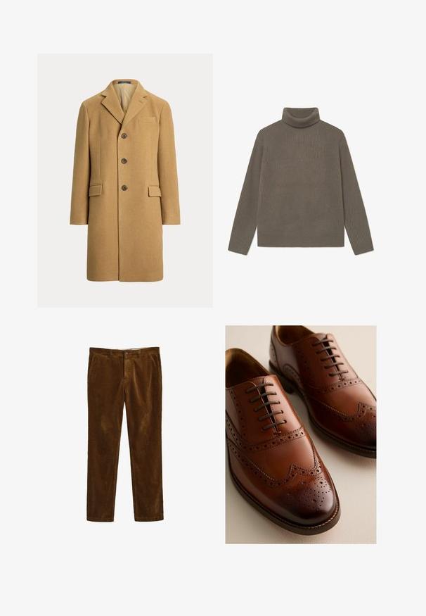 Einreihiger kamelbrauner Wollmantel mit drei Knöpfen, Kerbkragen, Brusttasche und zwei vorderen Klappentaschen.; Rippstrick-Turtleneck-Pullover in gedämpftem Olivgrün, mit langen Ärmeln und tailliertem Design. Hergestellt aus einem weichen, strukturierten Strickmaterial.; Braune Cordhosen mit geradem Bein, ausgestattet mit einem Frontknopfverschluss und zwei Seitentaschen. Strukturierter Stoff mit geripptem Muster.; Polierte braune Oxford-Schuhe aus Leder mit Brogue-Verzierungen und geschlossener Schnürung auf heller Oberfläche, aus Front- und Seitenansicht gezeigt.