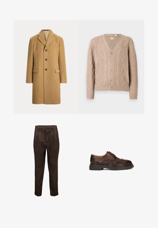 Enkeltbrystet kamelbrun uldfrakke med tre knapper, hakkede revers, brystlomme og to forlommer med klap.; Beige kabelstrikket cardigan med V-udskæring, seks knapper foran og ribstrikkede manchetter og kant.; Brune herreuld bukser med forreste plisseringer, knaplukning og bæltestropper, vist mod en hvid baggrund.; Brune lædersko med brogue-detaljer, rund tå og brune gummisåler. Har fem snørehuller og en glat overflade.