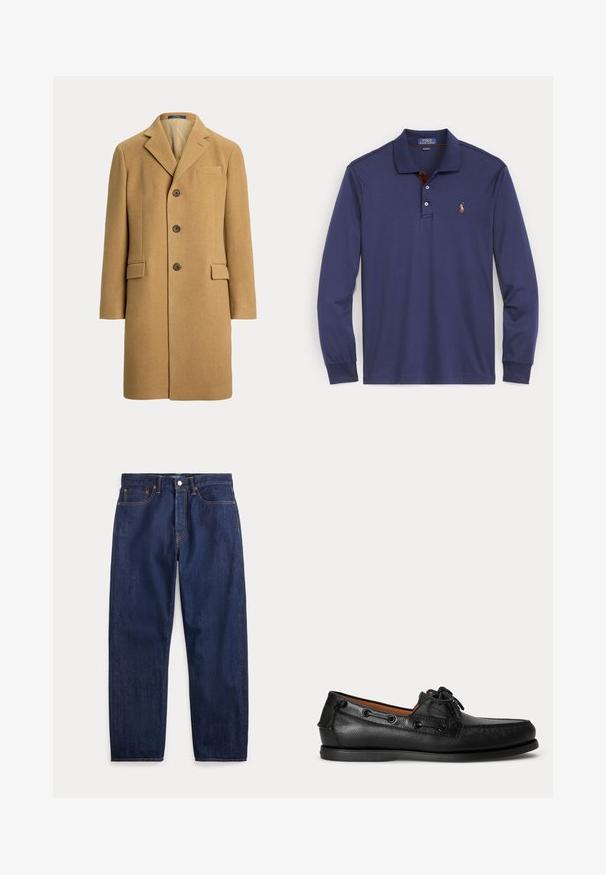 Eénrijige camelbruine wollen jas met drie knopen, inkeping revers, borstzakje en twee voorzakken met klep.; Donkerblauw Polo Ralph Lauren shirt met lange mouwen, kraag, twee knopen en geborduurd paardenlogo op de linkerborst.; Donkerblauwe denim jeans met rechte pijpen, vijf zakken, knoopsluiting en zichtbare stiksels.; Zwarte leren mocassin met veterdetail en lage rubberen zool, zijaanzicht op een eenvoudige lichte achtergrond.