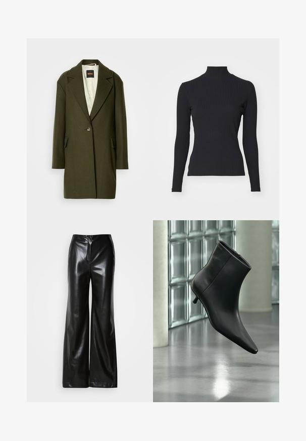 Donkergroene wolmix jas met een notch-lapel, enkele knoopsluiting en zijzakken. De binnenkant heeft een lichte gewatteerde voering.; Zwarte geribde coltrui met lange mouwen. Gemaakt van rekbare stof met een getailleerde pasvorm en hoge kraag. Eenvoudig ontwerp zonder versieringen.; Zwarte leren wijde broek met een gladde textuur, hoge taille en een verborgen ritssluiting aan de voorkant. Tailored fit met een nette afwerking.; Zwarte leren enkellaars met spits toelopende neus en lage kittenhak, schuin weergegeven tegen een gepolijste vloer en een glazen blokken muur als achtergrond.