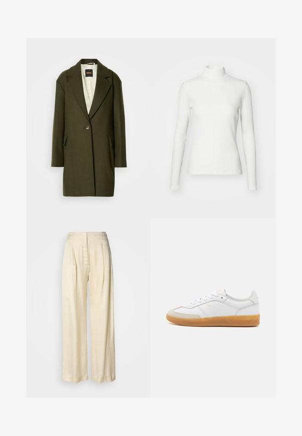 Dunkelgrüner Wollmischmantel mit Reverskragen, Ein-Knopf-Verschluss und Seitentaschen. Innenausstattung mit leicht gestepptem Futter.; Weißes geripptes Turtleneck-Oberteil mit langen Ärmeln, aus elastischem Stoff. Verfügt über ein enganliegendes Design und einen hohen Kragen für zusätzlichen Schutz.; Hohe Taille, cremefarbene Seidenhose mit Falten, weitem Bein und einem versteckten Reißverschluss vorne vor schlichtem weißem Hintergrund.; Weiße Ledersneaker mit beigen Wildlederakzenten, Gummi-Rahmen und Schnürdesign. Verfügt über dezente Markenkennzeichnung in Gold.