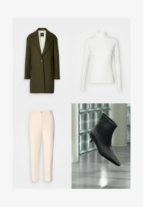 Donkergroene wolmix jas met een notch-lapel, enkele knoopsluiting en zijzakken. De binnenkant heeft een lichte gewatteerde voering.; Witte geribbelde coltrui met lange mouwen, gemaakt van rekbare stof. Heeft een getailleerd ontwerp en een hoge halslijn voor bedekking.; Crèmekleurige, hooggerocalde broeken van een gestructureerde stof. Voorzien van een sluiting met knoop aan de voorkant en taps toelopende pijpen.; Zwarte leren enkellaars met spits toelopende neus en lage kittenhak, schuin weergegeven tegen een gepolijste vloer en een glazen blokken muur als achtergrond.