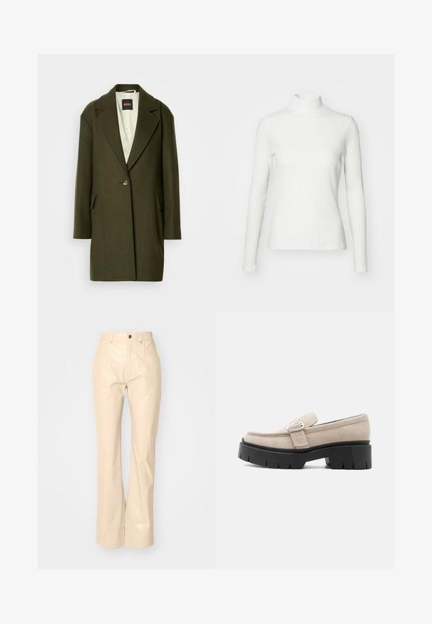Donkergroene wolmix jas met een notch-lapel, enkele knoopsluiting en zijzakken. De binnenkant heeft een lichte gewatteerde voering.; Witte geribbelde coltrui met lange mouwen, gemaakt van rekbare stof. Heeft een getailleerd ontwerp en een hoge halslijn voor bedekking.; Beige faux leren flarebroeken met een soepele textuur, voorzien van voorzakken, een knoopsluiting en een subtiele glansafwerking.; Beige suède loafer met zilveren gesp en dikke zwarte chunkysouw, zijaanzicht op witte achtergrond.