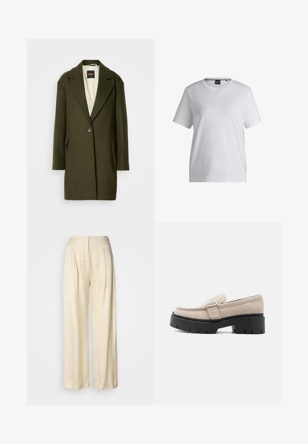Donkergroene wolmix jas met een notch-lapel, enkele knoopsluiting en zijzakken. De binnenkant heeft een lichte gewatteerde voering.; Witte katoenen t-shirt met een ronde halslijn, korte mouwen en een ontspannen pasvorm. Heeft een klein merketiket nabij de kraag.; Crèmekleurige zijden broek met hoge taille, plooien, brede pijpen en een verborgen rits aan de voorkant, afgebeeld tegen een effen witte achtergrond.; Beige suède loafer met zilveren gesp en dikke zwarte chunkysouw, zijaanzicht op witte achtergrond.