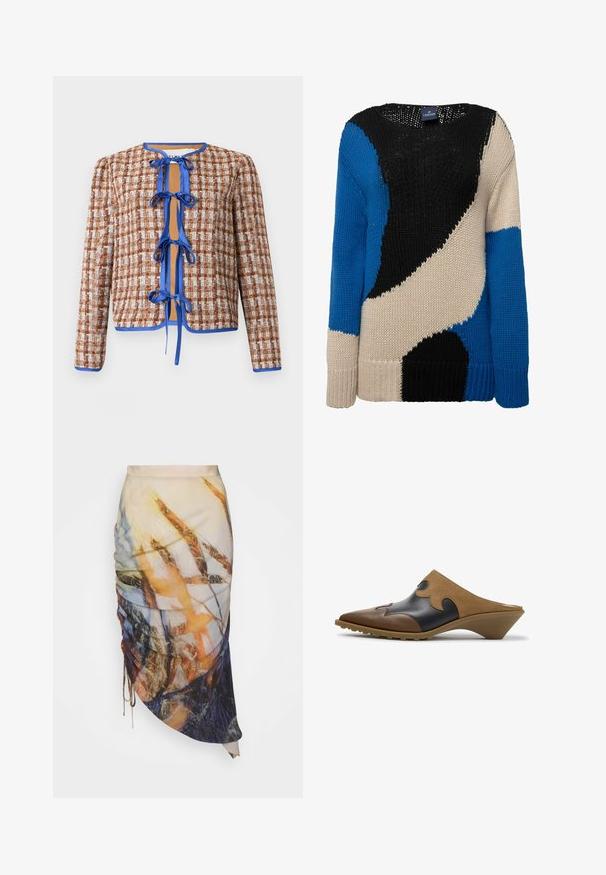Vevet jakke i brun og hvid med blå kanter. Har en rund halsudskæring og frontbindinger, der viser et struktureret mønster gennem hele jakken.; Strikket sweater med markante farvefelter i sort, blå og beige. Rund hals, lange ærmer og ribbede manchetter giver tekstur og varme.; Materiel DIAGONAL GATHERED SKIRT - Pencil skirt - golden hour; Brune og sorte læder slip-on mule med spids tå og lavt skråt hæl, med dekorative syninger og bølgede ruskindsoverflader.
