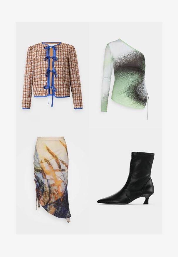 Vevet jakke i brun og hvid med blå kanter. Har en rund halsudskæring og frontbindinger, der viser et struktureret mønster gennem hele jakken.; Elleme ONE SHOULDER - Langærmet T-shirt - light green/white; Materiel DIAGONAL GATHERED SKIRT - Pencil skirt - golden hour; Sort læderstøvle til midt på læggen med spids tå og lav kittenhæl, vist fra siden på en ensartet lys baggrund.