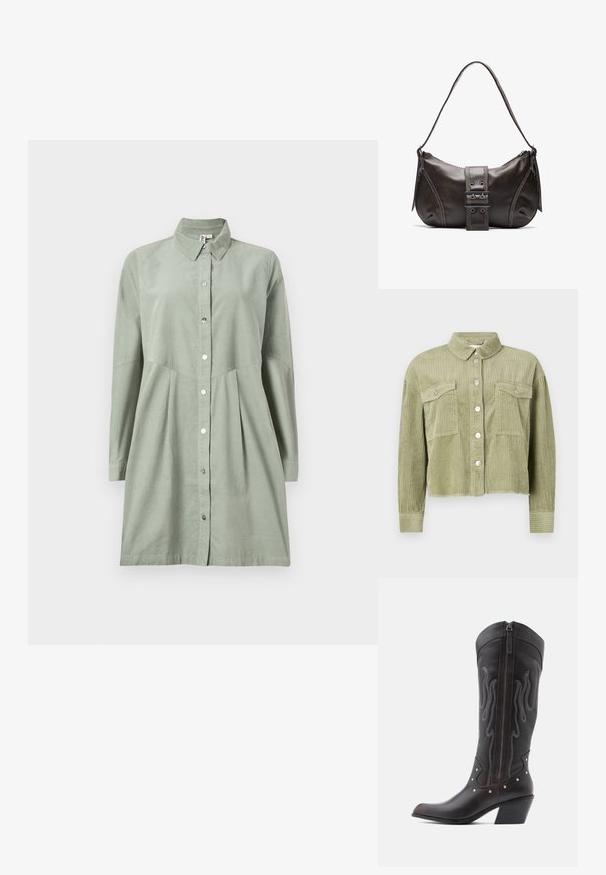 Groene corduroy shirtjack met een gestructureerd, ribbelig ontwerp, twee borstzakken en een sluiting met zilveren knopen aan de voorkant. Verkorte pasvorm met een rafelige zoom.; Donkergroen button-up jurk met lange mouwen, kraag, geplooide rok en zilverkleurige knopen. Gemaakt van lichtgewicht stof.; Bruine leren cowboylaarzen met vlamstiksels, zijrits, zilveren studs, spits toelopende neus en gestapelde hak.; Bruine leren schoudertas met een gebogen vorm, voorzien van een opvallende gespdetail, contrasterende stiksels en een enkele schouderband.