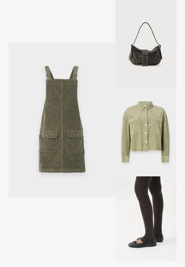 Grøn kordfløjl skjortejakke med et struktureret, ribbet design, to brystlommer og sølvknaplukning foran. Kortet fit med en slidset kant.; Olivenfarvet kordfløjs dungaree kjole med justerbare stropper, der har to forlommer og en lige snit. Tekstureret stof.; Ben iført mørke ribbede leggings kombineret med sorte balletsko med små sløjfedetaljer på hvid baggrund.; Sort læder skuldertaske med spænde på remmen, afrundede kanter og kontrasterende hvide syninger på en ensfarvet baggrund.