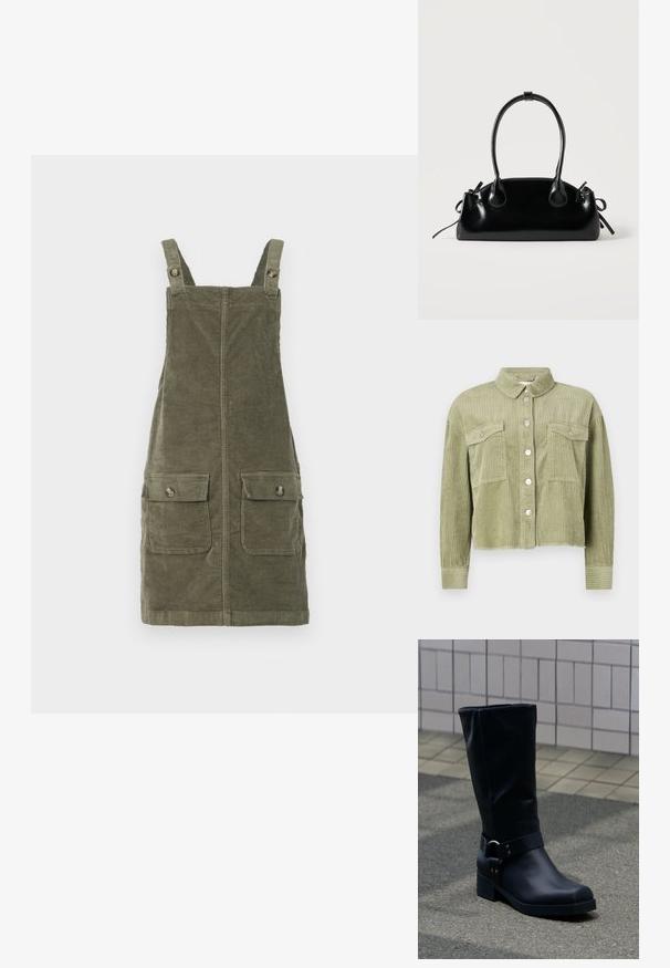 Groene corduroy shirtjack met een gestructureerd, ribbelig ontwerp, twee borstzakken en een sluiting met zilveren knopen aan de voorkant. Verkorte pasvorm met een rafelige zoom.; Olijfgroene corduroy tuinbroek jurk met verstelbare banden, uitgerust met twee voorzakken en een recht model. Gestructureerde stof.; Zwarte leren kuitlaars met een lage blokhak en een decoratieve riem met metalen gesp rond de enkel, op een betegeld trottoir.; Kleine zwarte glanzende handtas met twee lange hengsels en zijkant trekkoord details op een effen lichte achtergrond.
