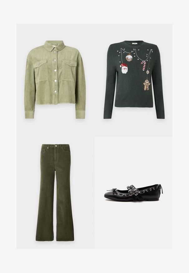 Groene corduroy shirtjack met een gestructureerd, ribbelig ontwerp, twee borstzakken en een sluiting met zilveren knopen aan de voorkant. Verkorte pasvorm met een rafelige zoom.; Donkergroen gebreide trui met feestelijke versieringen, waaronder een kerstman, een zuurstok, kerstballen en een teddybeer van pailletten.; Olijfgroene corduroy flared broek met een gladde textuur, voorzakken en een metalen knoopsluiting in de taille.; Zwarte platte balletschoen met dubbele gespsluitingen, zilveren oogjes en een klein strikje nabij de afgeronde neus op een witte achtergrond.
