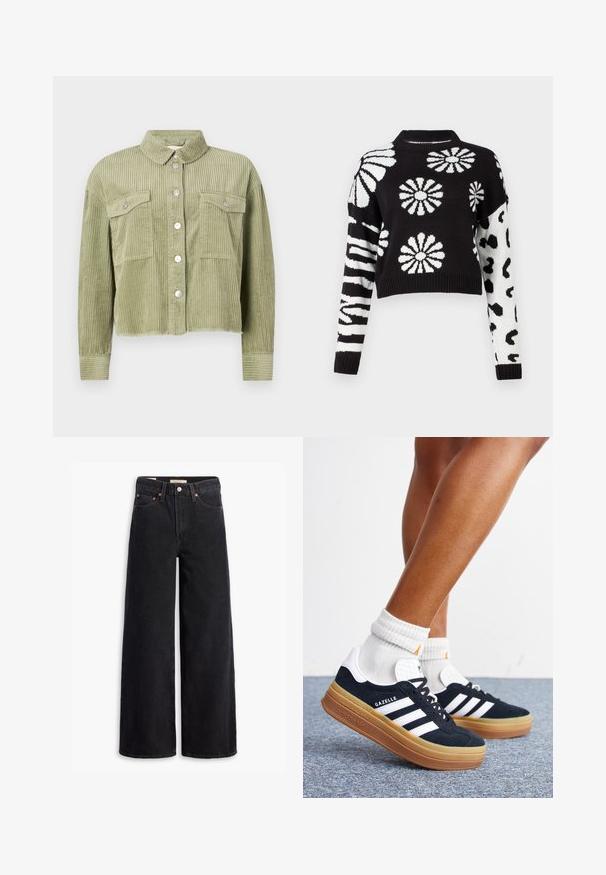Grüne Cordjacke mit strukturiertem, geripptem Design, zwei Brusttaschen und silberner Knopfleiste. Taillierte Passform mit fransigem Saum.; Schwarzer und weißer, taillierter Pullover mit floralem und tierischem Muster, mit gerippten Bündchen und Kragen, aus einem weichen Strickmaterial gefertigt.; Schwarze weite Jeans aus Denim mit fünf Taschen, Kupferrivets und einem klassischen Knopfverschluss. Glatte Textur mit einem klaren Design.; Beine mit weißen Socken und schwarzen Adidas Gazelle Sneakers mit weißen Streifen und dicken braunen Sohlen auf einem grauen Teppichboden.