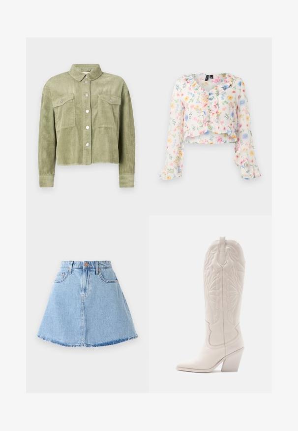 Grøn kordfløjl skjortejakke med et struktureret, ribbet design, to brystlommer og sølvknaplukning foran. Kortet fit med en slidset kant.; Blomstret crop top i letvægtsstof. Har rynket halsudskæring og ærmer. De dominerende farver inkluderer hvid, pink, gul og blå.; Denim A-line nederdel i lyseblå med frynset kant, fem lommer og knaplukning. Har kobberfarvet hardware og diskrete syninger.; Hvide læder cowboystøvler med spidse tæer og blokhæle. Har intrikate syninger på skaftet og en glat tekstur.