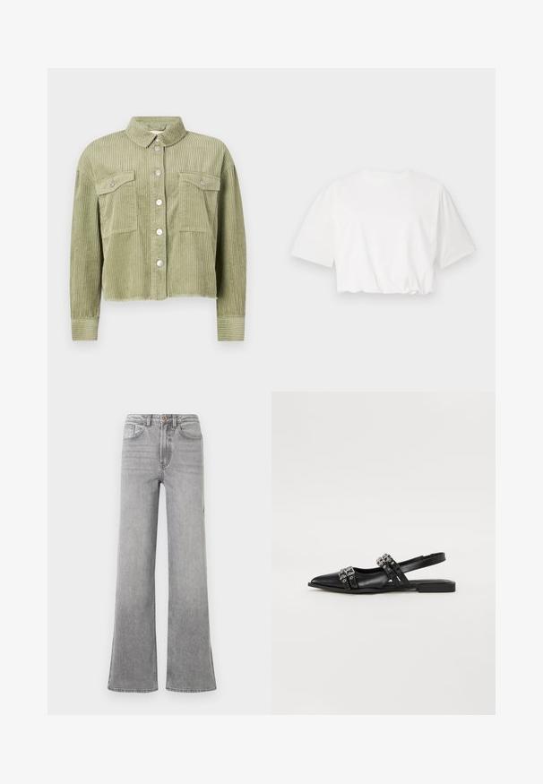 Grüne Cordjacke mit strukturiertem, geripptem Design, zwei Brusttaschen und silberner Knopfleiste. Taillierte Passform mit fransigem Saum.; Weißes, kürzer geschnittenes T-Shirt mit kurzen Puffärmeln, rundem Ausschnitt und gerafftem unteren Saum, aus weichem Baumwollstoff gefertigt.; Graue Denim-bootcut-Jeans mit hoher Taille, Fronttaschen, Gürtelschlaufen und einem subtilen, verblassten Design, präsentiert vor einem weißen Hintergrund.; Even&Odd Sling-Ballerina - black