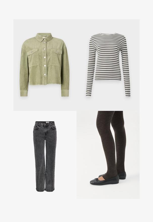 Veste en velours côtelé vert avec un design texturé et côtelé, deux poches poitrine et une fermeture à boutons argentés sur le devant. Coupe raccourcie, avec un ourlet effiloché.; T-shirt à manches longues en vert olive et rayures blanches. Texture côtelée, encolure ronde et coupe ajustée. Pas de matériel ou d'accents visibles.; Jeans en denim noir au design droit, avec poches avant, passants de ceinture et une texture légèrement délavée.; Jambes portant des leggings côtelés foncés associés à des ballerines noires avec de petits détails en nœud sur fond blanc.