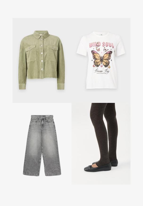 Veste en velours côtelé vert avec un design texturé et côtelé, deux poches poitrine et une fermeture à boutons argentés sur le devant. Coupe raccourcie, avec un ourlet effiloché.; T-shirt en coton blanc avec un grand motif de papillon en orange, noir et rose, avec le texte "ÂME SAUVAGE" au-dessus et "Rêve Grand" en dessous.; Jean en denim gris à jambes larges avec une finition délavée, taille à cordon de serrage et design classique à cinq poches, présentant des détails de couture visibles.; Jambes portant des leggings côtelés foncés associés à des ballerines noires avec de petits détails en nœud sur fond blanc.