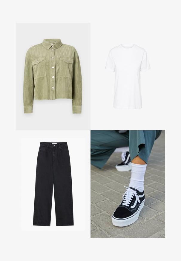 Grøn kordfløjl skjortejakke med et struktureret, ribbet design, to brystlommer og sølvknaplukning foran. Kortet fit med en slidset kant.; Hvid bomulds t-shirt med korte ærmer, rund hals og en afslappet pasform, med en glat tekstur og uden synlige mønstre.; Sorte højtaljede bredbenede denimjeans med frontknap og lynlås, bæltestropper og fem-lomme stil.; Sorte ruskinds sneakers med hvide accenter og snørebånd, der har en tyk hvid sål og kontrasterende syninger, parret med en hvid sok.