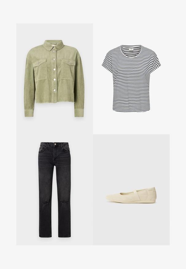 Grüne Cordjacke mit strukturiertem, geripptem Design, zwei Brusttaschen und silberner Knopfleiste. Taillierte Passform mit fransigem Saum.; Gestreiftes T-Shirt in Weiß und Marineblau, aus weichem Stoff. Es hat einen runden Ausschnitt und kurze Ärmel mit einer lockeren Passform.; Schwarze Denim-Jeans mit geradem Bein. Zu den Merkmalen gehören zwei Fronttaschen, lädierte Knieakzente und ein Knopfverschluss.; Beige Ballerinas aus glattem Leder mit mandelförmiger Zehenpartie und elastischem Riemen über dem Fußrücken, ausgestattet mit dezenten Nähtelementen.